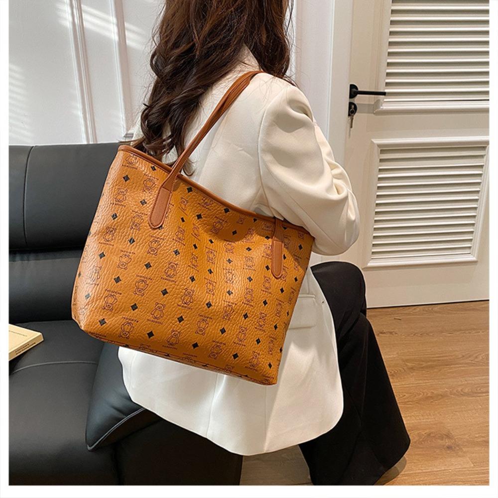 Ретро большая сумка-тоут, модная трендовая сумка-тоут с принтом, простая повседневная сумка через плечо с текстурой светло-коричневого
