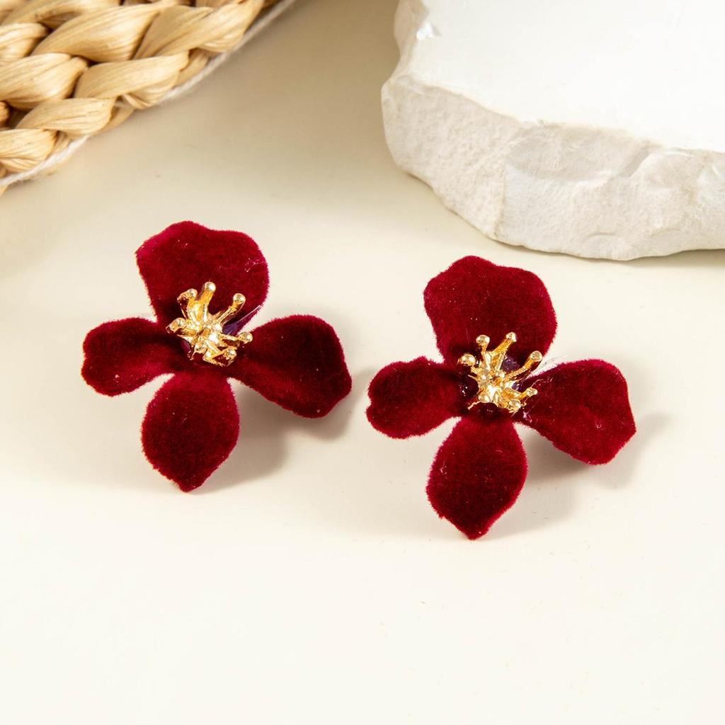 Fashionable Retro Red Velvet Flower Zinc Alloy Stamen Earrings for Women, Jewelry, Parties, Daily Matching Gifts