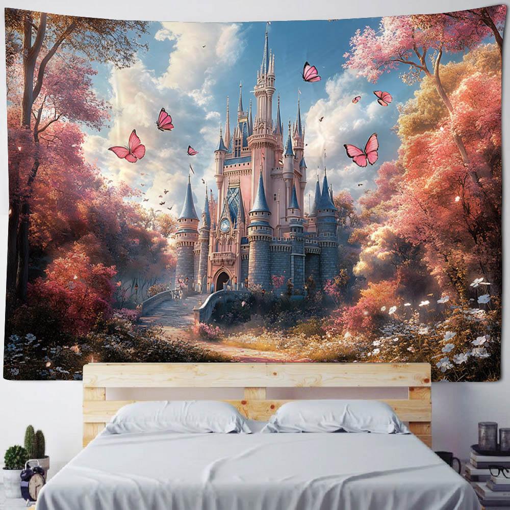 Dreamy Castle Background Wallpaper, Bedroom Tapestry, Cartoon Decoration, Hippie Aesthetic Home Wall Hanging, Yoga Mat