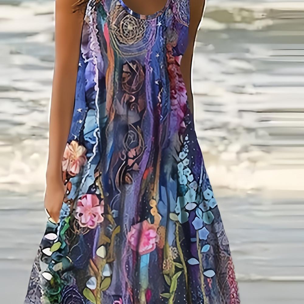 Ladies' Printed Sleeveless Dress - Round Neck Casual Summer Colorful Flower Design Clothing
