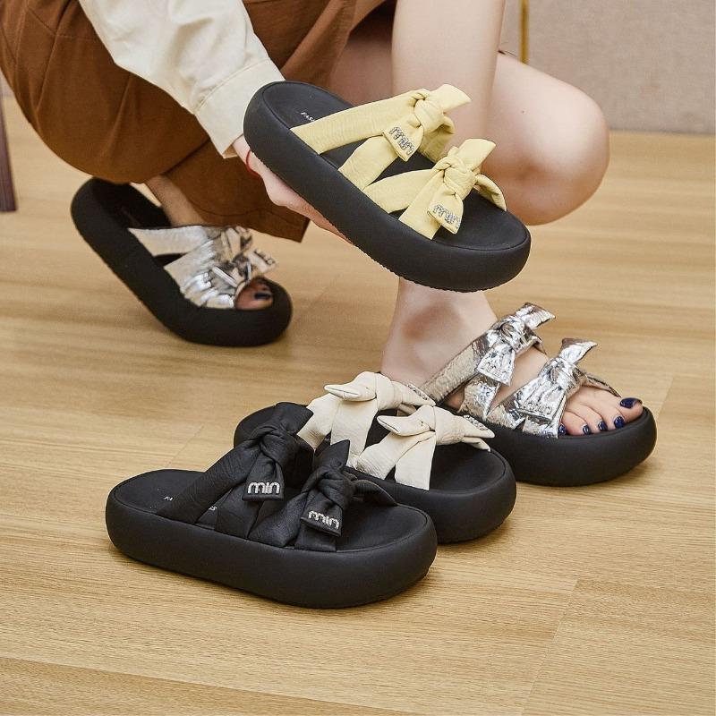 New thick-soled cool slippers for women's fashion and versatile bow open-toed women's casual one-word slippers trendy shoes