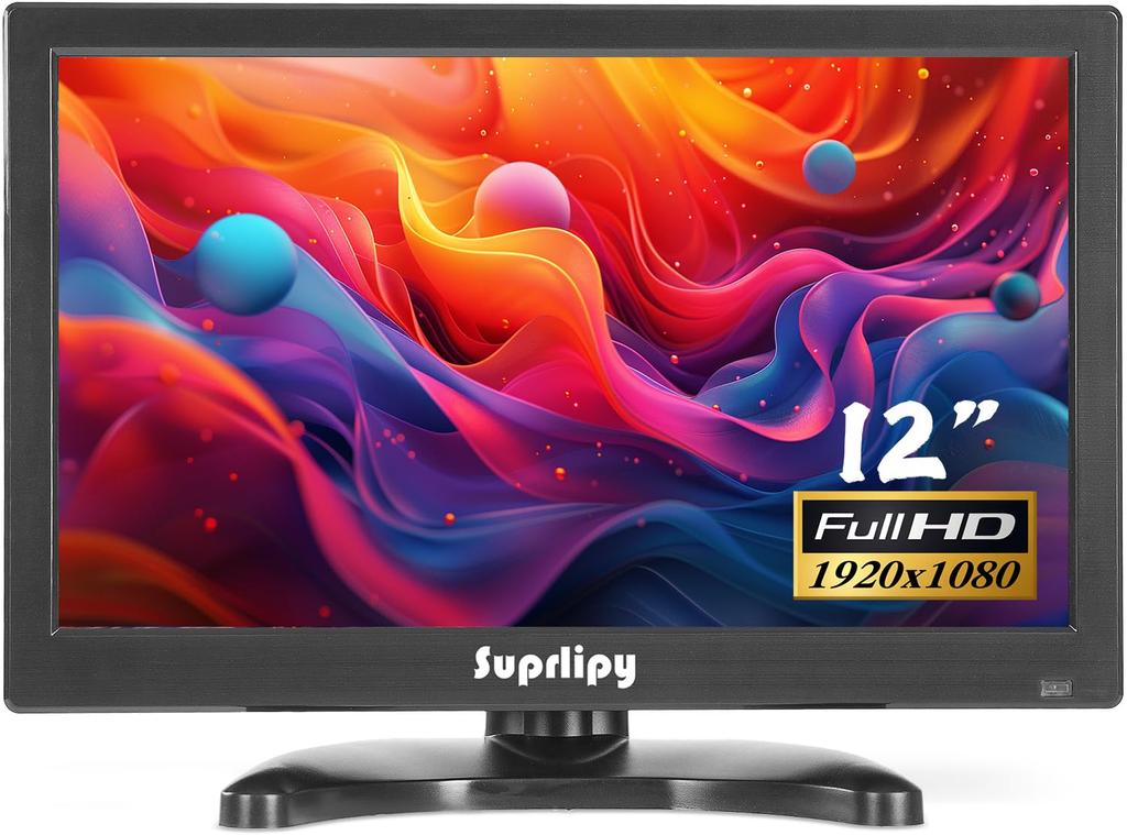 Suprlipy FHD Small IPS Monitor LCD Display Screen 1920x1080 60Hz BNC VGA with AV Input Loudspeaker for CCTV Security Camera DVR PC Game Console 12"