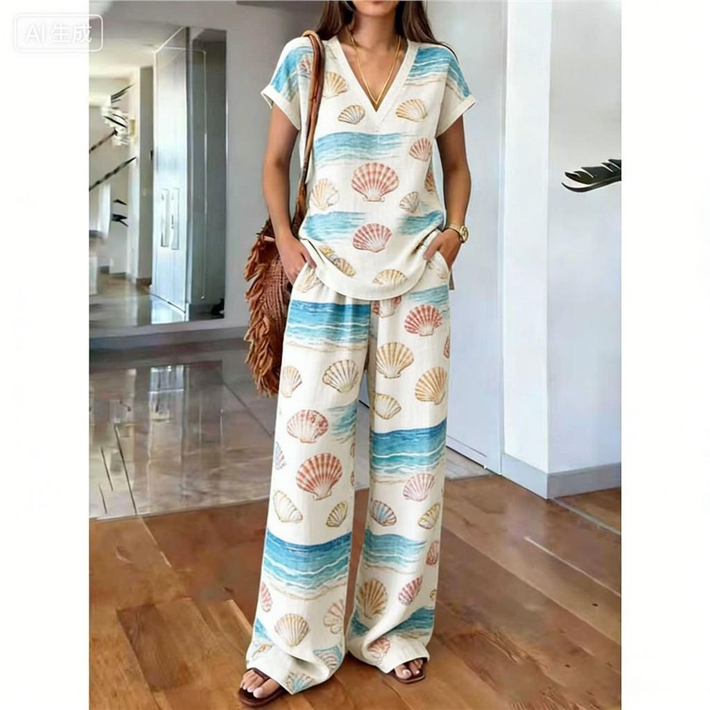 1116 new European and American casual style printing set full of pattern design high waist and wide leg pants two-piece set for women