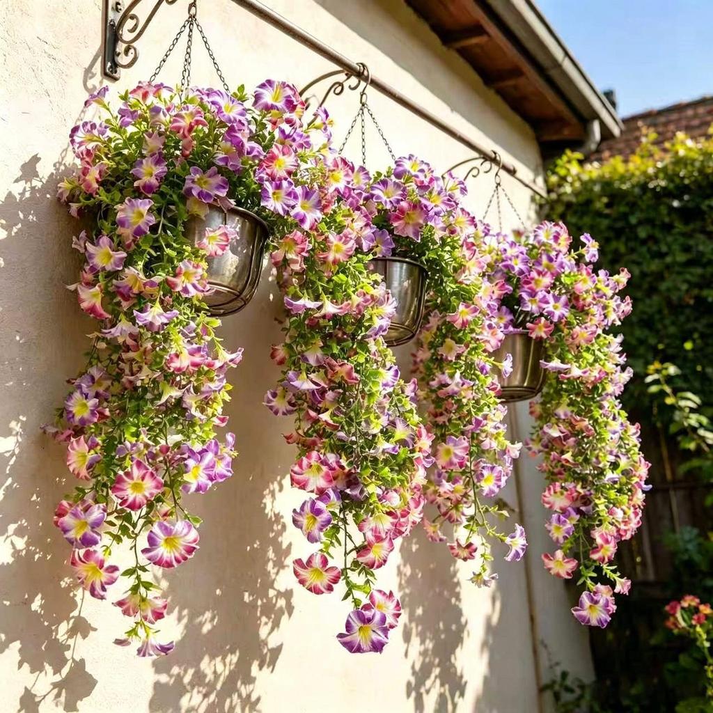 Artificial Morning Glory Flowers Realistic Silk Eucalyptus Leaves Wall Decoration Fake Morning Glory Flower Ornaments for Garden