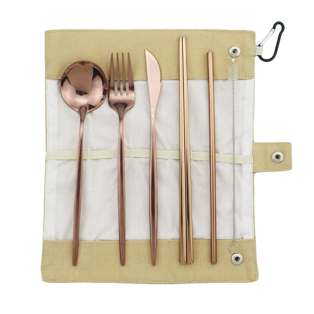 Rose Storage Bag Portable Dinnerware Set Stainless Steel Set Knife Fork Spoon Chopsticks Straw Travel Camping BBQ Dinnerware Set