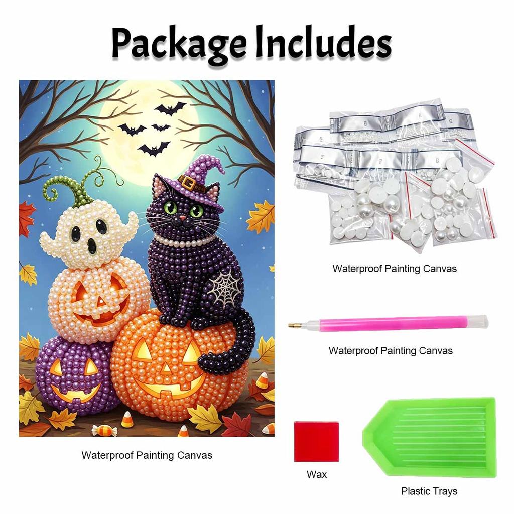 Halloween Black Cat Pumpkin Pearl Painting Art Full Pearl Handmade Diy Home Decorations