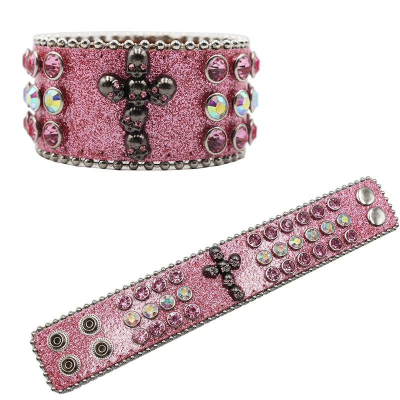 Design Diamond and Rhinestone Bracelet, Gothic Hip-hop Punk Trend PU Leather Bracelet