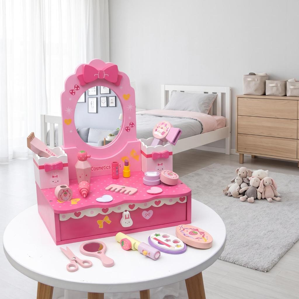Toy Vanity with Mirror and Storage Drawer Tabletop Pretend Play Set