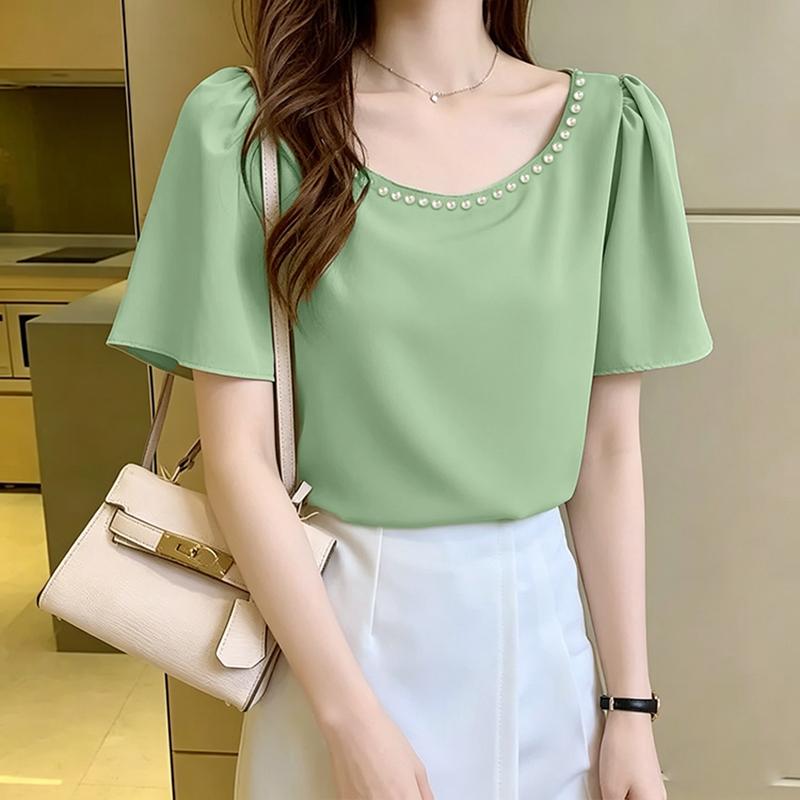 ZANZEA Women Elegant Plearl Splice Round Neck Casual Short Sleeve Blouse S зелёный