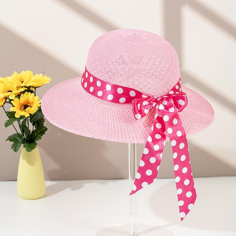 Beige Wide Brim Straw Sun Hat Foldable Polka Dot Bow Ribbon UV Protection for Summer Pool Party Travel Use