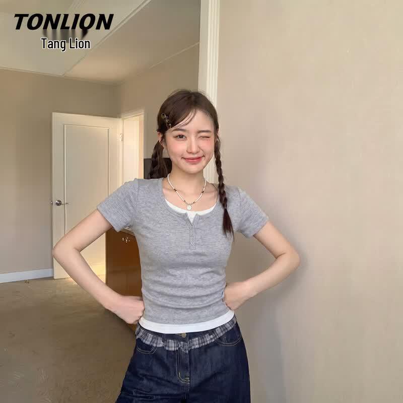 TonLion Women s Faux Two-Piece Short Sleeve T-Shirt S