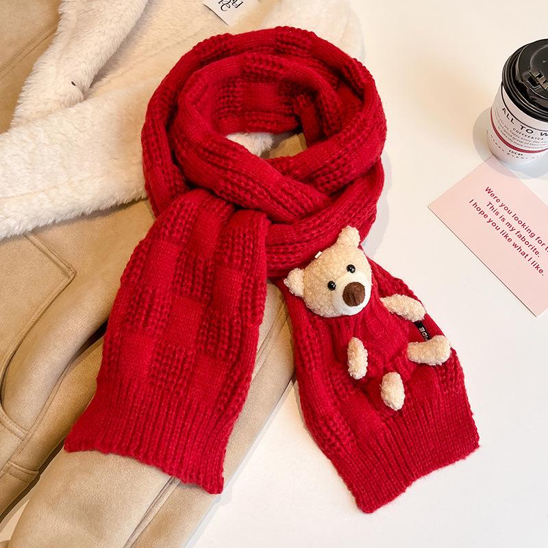 Red Bear Knitted Scarf for Women – Cute, Versatile Neck Warmer for Autumn/Winter | 2025 New Style Gift