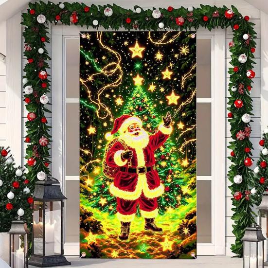 Fluorescent Christmas Door Cover UV Activated Glow-in-the-Dark Door Banner for Outdoor Indoor Holiday Decoration