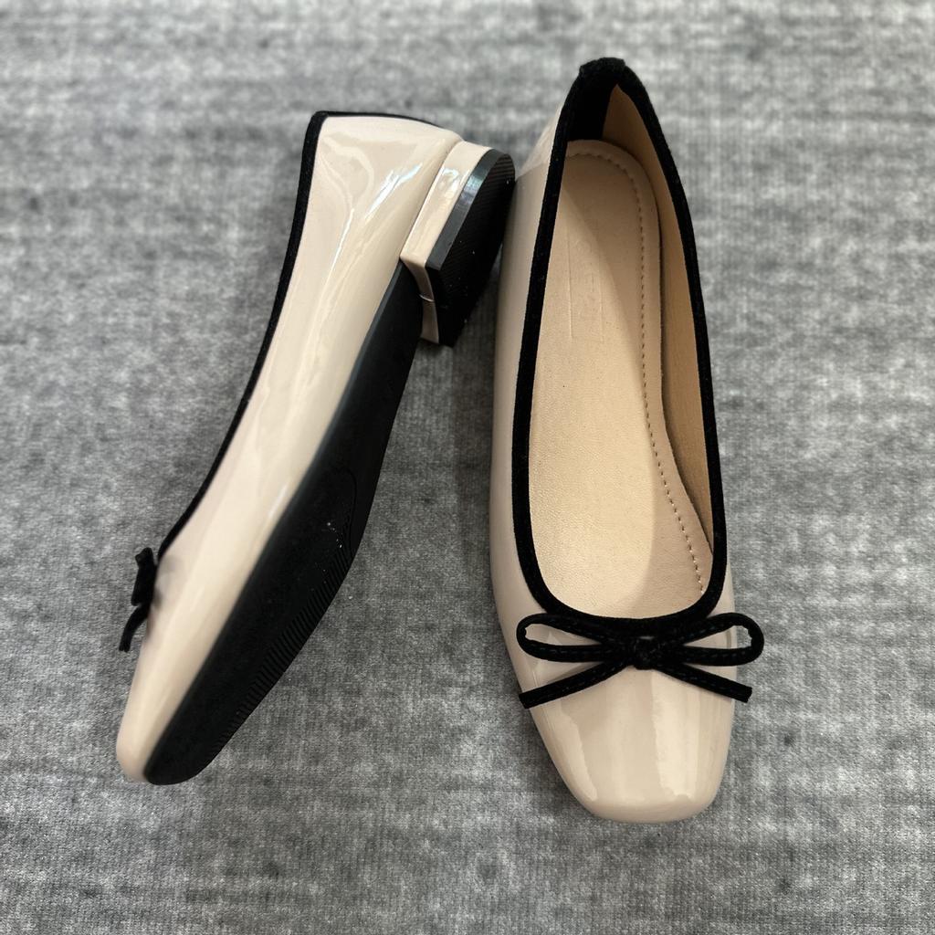 Red Bow Single Shoes Women's Flat Square Heel High Heels Black Shoes Shallow Mouth French Ballet Soft Sole Low Heel Women's Shoes