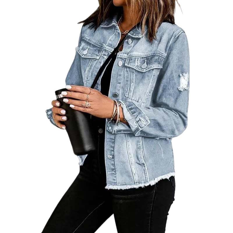 Women's Denim Lapel Jacket - Washed and Ripped, Long Sleeve, Non-Stretch, 2025 Collection.