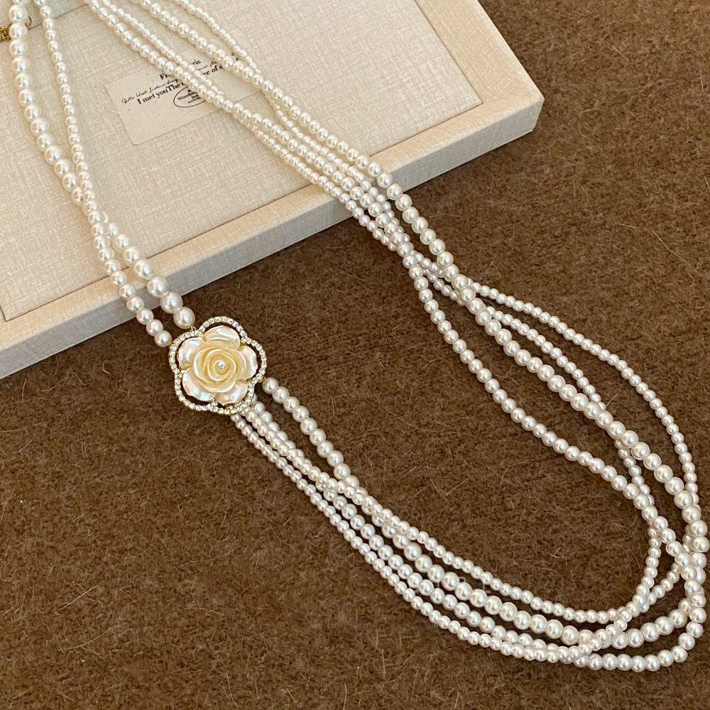 Rhinestone Pearl Flower Necklace Luxury Camellia Clavicle Chain Multi-layer Necklace Wedding