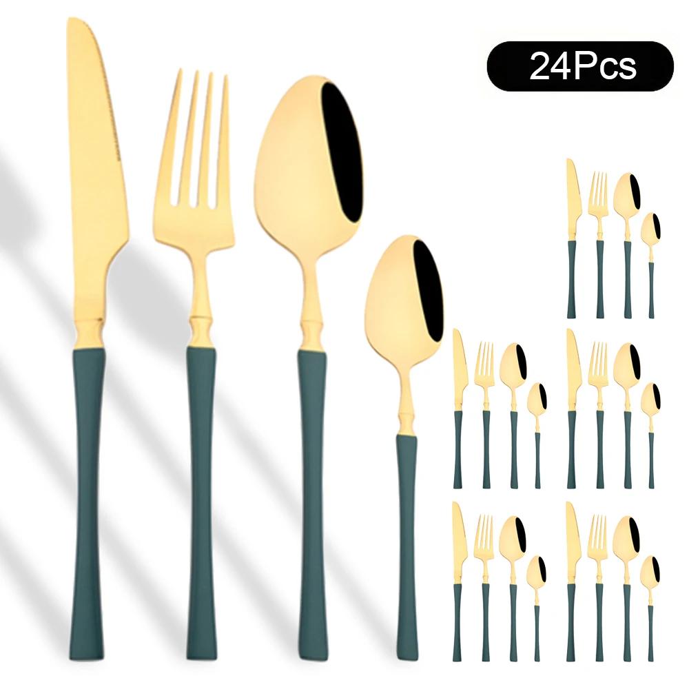 24Pcs Gold Tableware Sets Stainless Steel Cutlery Knife Tea Fork Coffee Spoon Flatware Dishwasher Safe Dinner Kitchen Dinnerware
