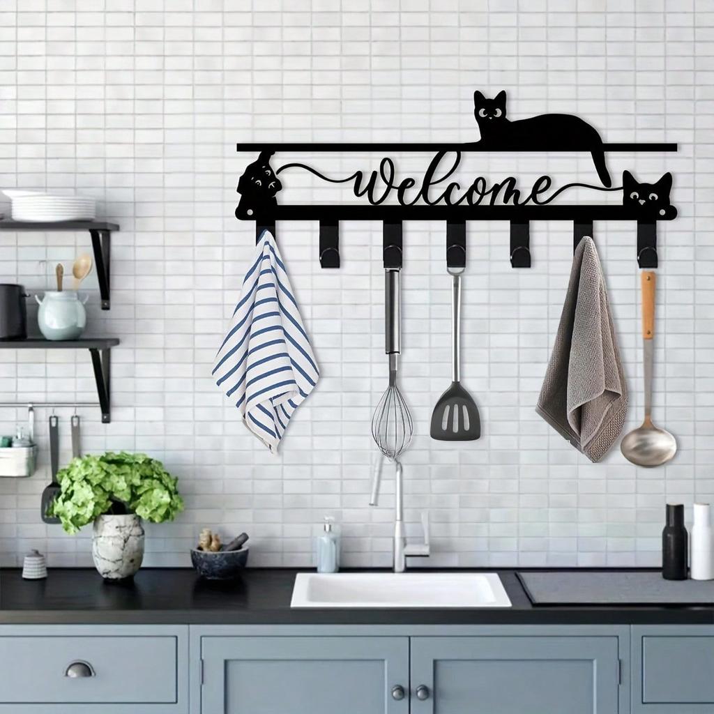 Bohemian Welcome Cat Metal Key Holder Multi Hook Wall Decor Gift for Cat Lovers