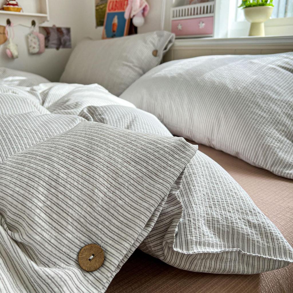 Solid Color MUJI Style Washed Cotton Jacquard Buttoned Dormitory Bedding Set – Super Soft, 4-Piece Set