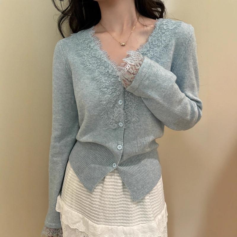 Lace Splicing V-neck Knitted Cardigan Jacket Women's Outer Knitted Sweater Women's Autumn and Winter Sweater with Bottoming Shirt Top