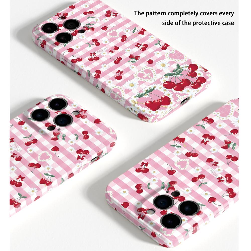 Korean Ins Sweet Girl Wind Pink Grid Cherry Mobile Phone Case Apple 17Pro Anti-drop All-inclusive Film Case iPhone14pm