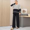 Otoño Invierno Mujer Casual Rayado Punto Suéter Pantalón Conjunto de Dos Piezas Manga Larga Jersey Tops y Pantalón de Pierna Ancha Chándal