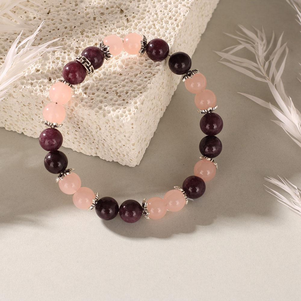 Rose Quartz Dark Red Garnet Beaded Bracelet with Decorative Spacers Elegant Fashion Jewelry for Women Daily Wear Gift