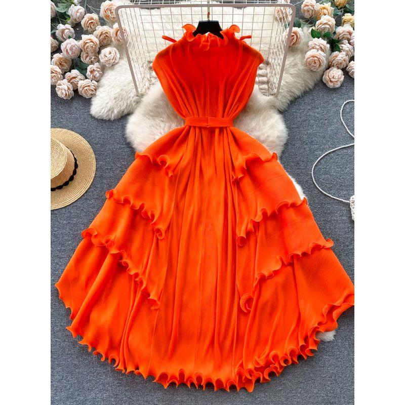 Wooden Ear Silm Long Pleated Chiffon Dress
