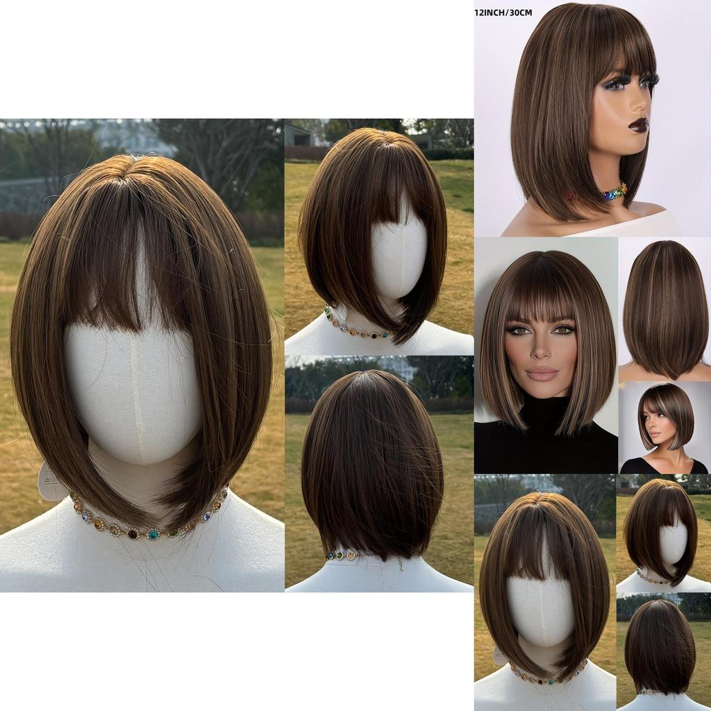 Short Brown Wig With Bangs For Women Hightemperature Fiber For Stylish Looks