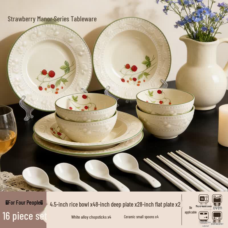OIMG Strawberry Manor 16-Piece Ceramic Dinnerware Set