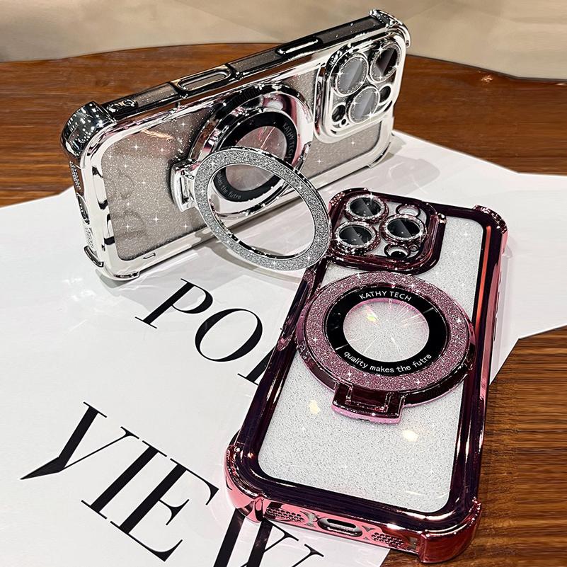 Double Bling Glitter Magsafe Bracket Case for iPhone 16 Pro Max Plus Transparent Plating Cover for iPhone 13 12 11 14 15 Pro Max
