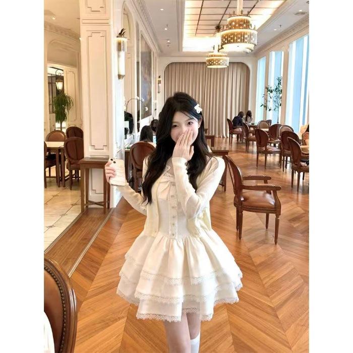 Small Sweet French Beige Cardigan 2026 Spring and Summer White Fluffy Cake Dress Vest Skirt Two-piece Set S