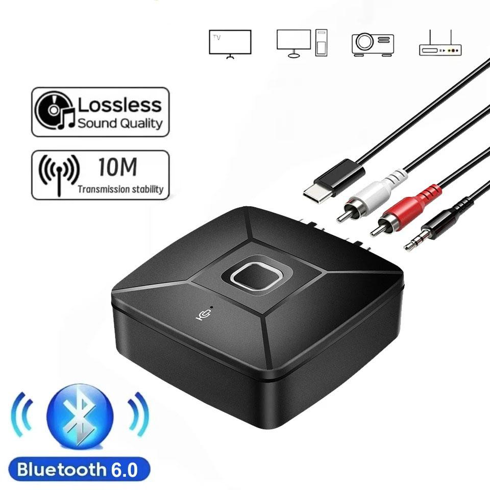 Bluetooth 6.0 Audio Receiver Wireless Stereo Music Hi-Fi 3.5mm Jack 2RCA Adapter Receivers with Mic for Car Speaker PC
