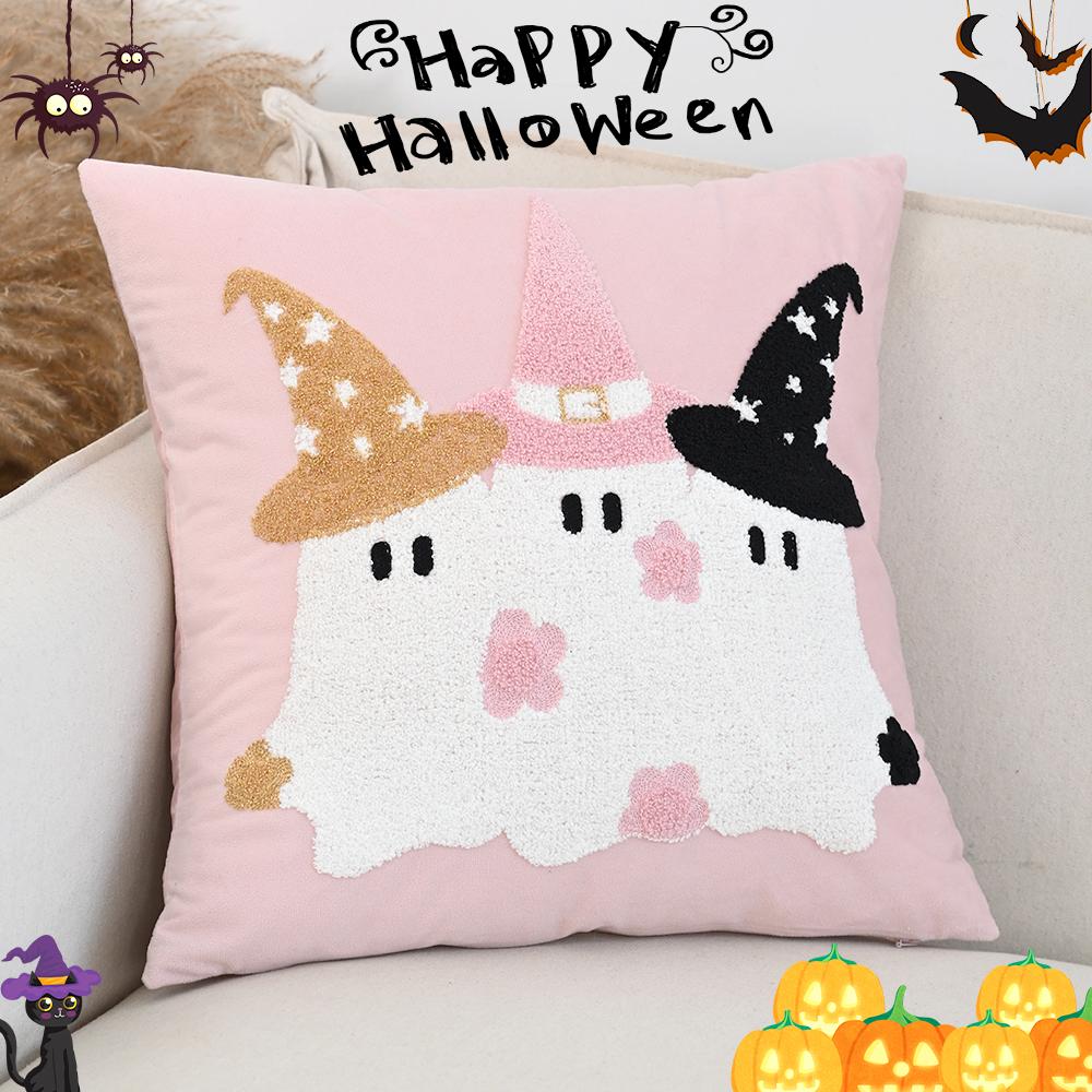 BUYNOW Halloween Pink Ghost Bat Embroidery Pillowcase Living Room Sofa18x18in Cushion Cover Home Bedroom Decor Cojines Para Sala