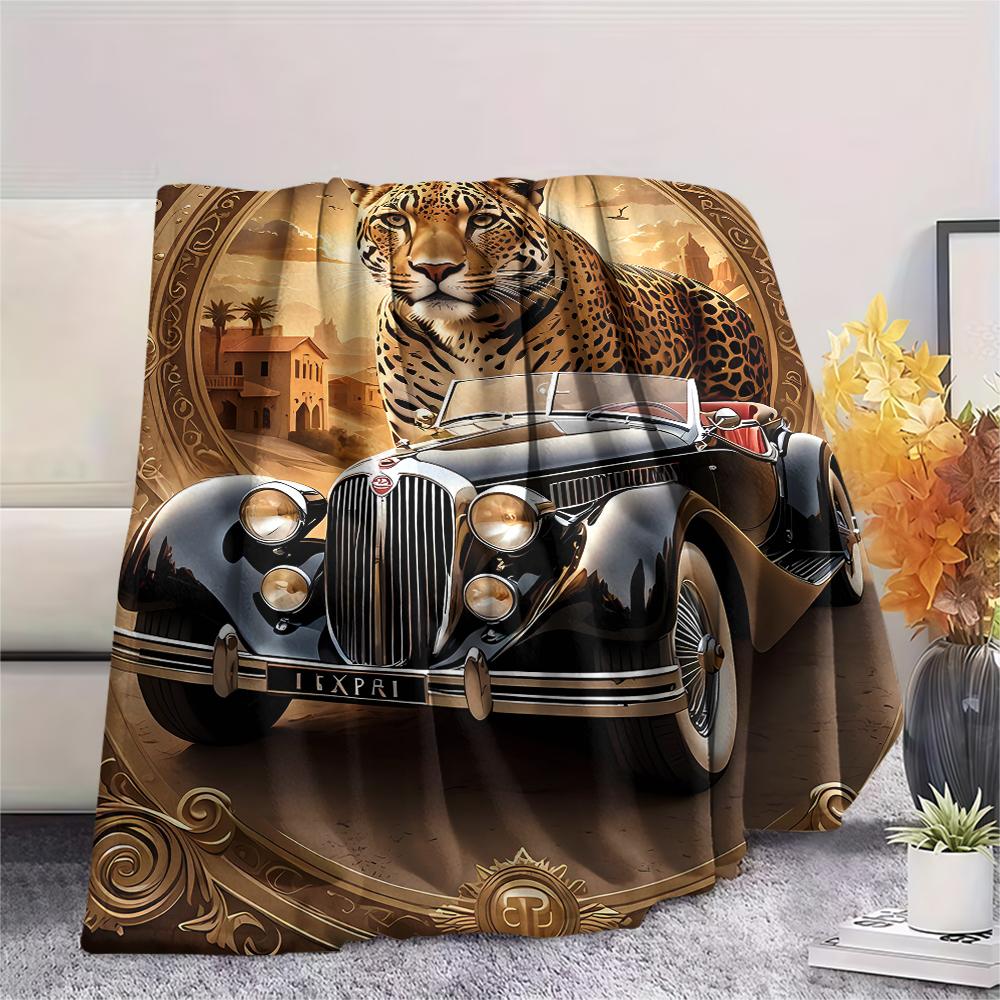 1Pc Leopard and Car Print Flannel Blanket, High Quality Comfortable for All Seasons, Home Decor, Warmth and Comfort, Perfect for Gifts