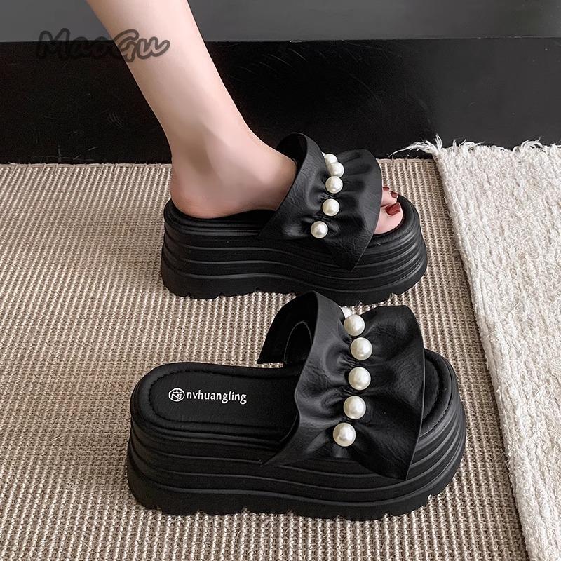 Fashion 8CM Platform Sandals for Women's Summer Footwear Fashion Pearl Bead Thick Bottom Slides Ladies Beach Slippers Sandalias De Mujer