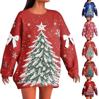 Ladies' Christmas Printed Bow Round Neck Long Sleeved Loose Pullover Sweater Sweatshirt Top