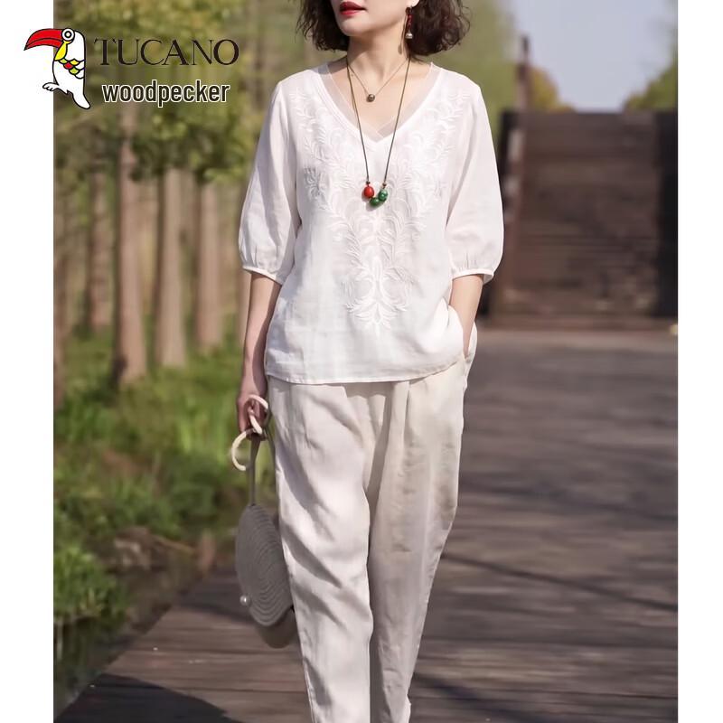 TUCANO Women s Retro V-Neck Embroidered Loose Summer Top 2XL