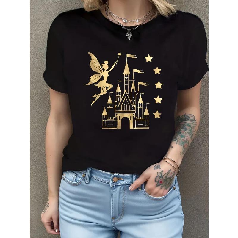 Ladies  Black Enchanted Fairy Castle Graphic Tee Crew Neck Short Sleeve Star Pattern Casual All Season Top S чёрный