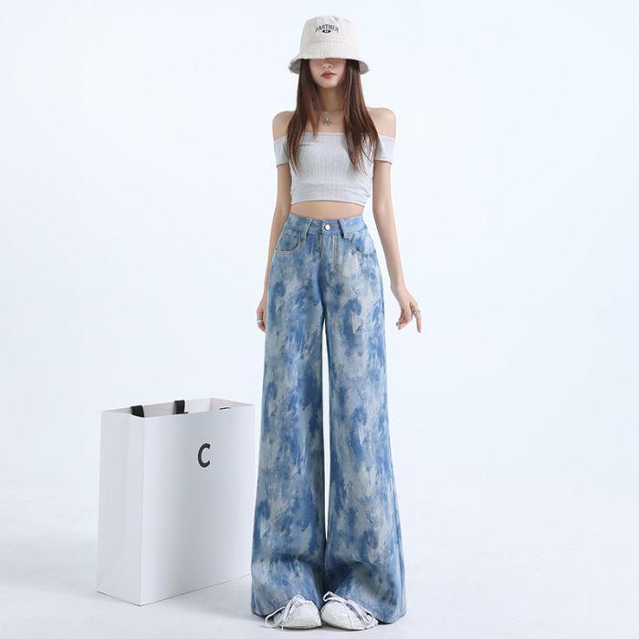 Spring Summer Light Blue Printed Fine Glitter Wide Leg Flare Denim Pants For Ladies Casual Pants Oversize Denim Trousers
