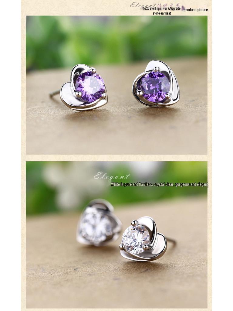 Purple Heart Diamond Stud Earrings – 925 Silver Needle, Fashion Sweet Style for Females and Students