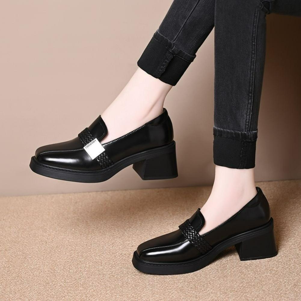 

Retro Square Toe Thick-heeled Small Leather Shoes Spring and Autumn French All-match British Style Deep Mouth Mid-heel Single Shoes EU39/CN40 чорний