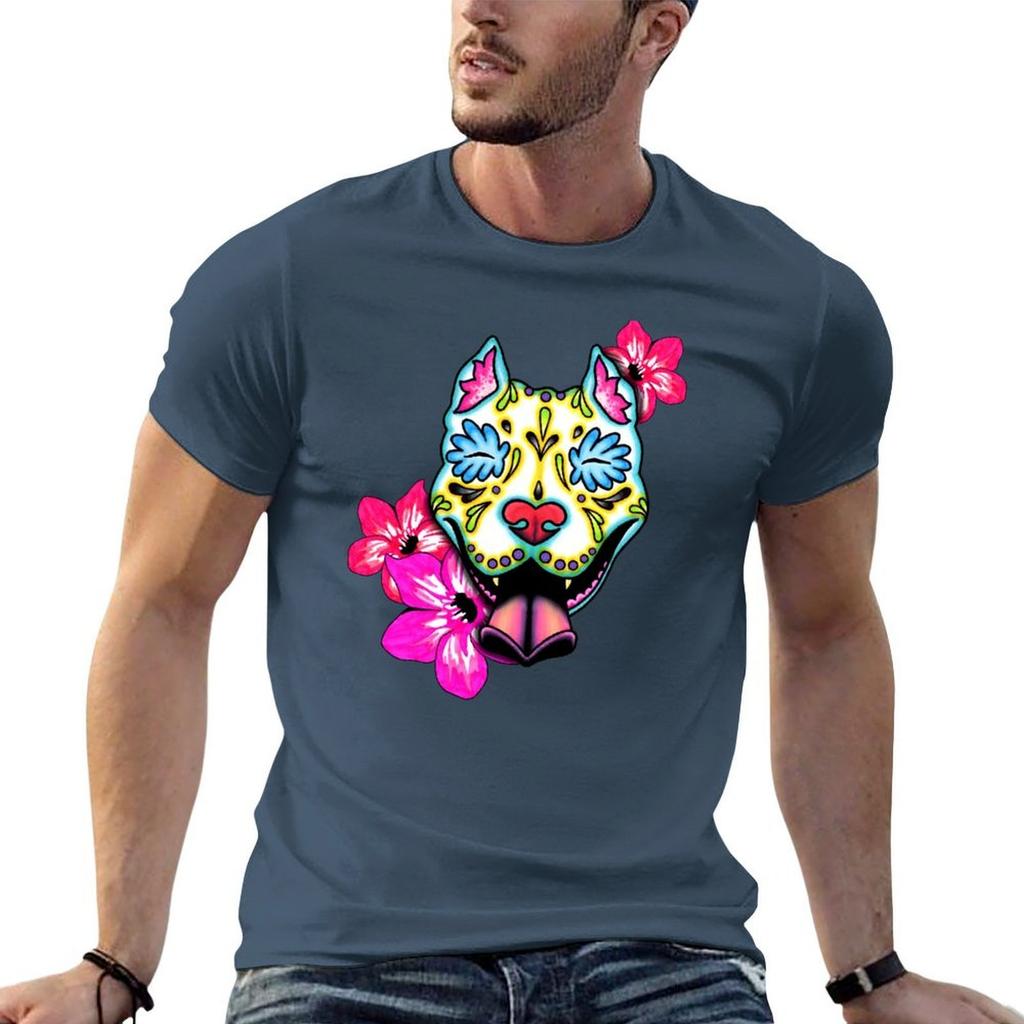 Slobbering Pit Bull Day Of The Dead Sugar Skull Pitbull Dog Tshirt T Shirts For Unisex Graphic Tees T Shirts Cotton 100 Tshirt