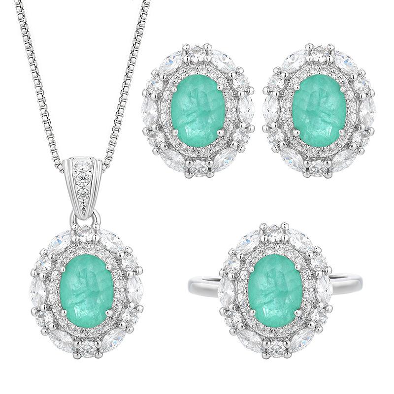 Huamei Schmuck Neues Set Ring Ohrnagel Halskette Simulation Paraiba Smaragd Damenmode