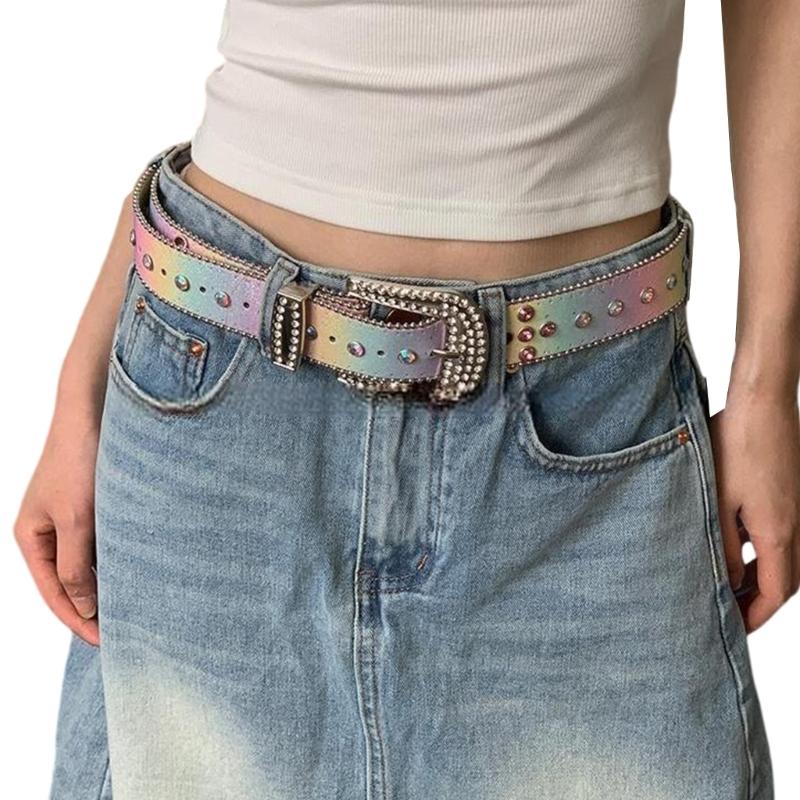 Glittering Rhinestones Decorated Belt Soft PU Material Adjustable Waist Strap Rhinestones Pink Shimmer Design For Casual Or Formal Outfits