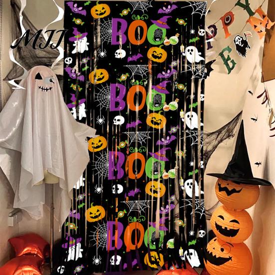 Festive Halloween Curtain Foil Fringe for Halloween, Orange Purple Black Background Photo Booth Backdrop Props, Pumpkin Ghost Bat Party Decoration