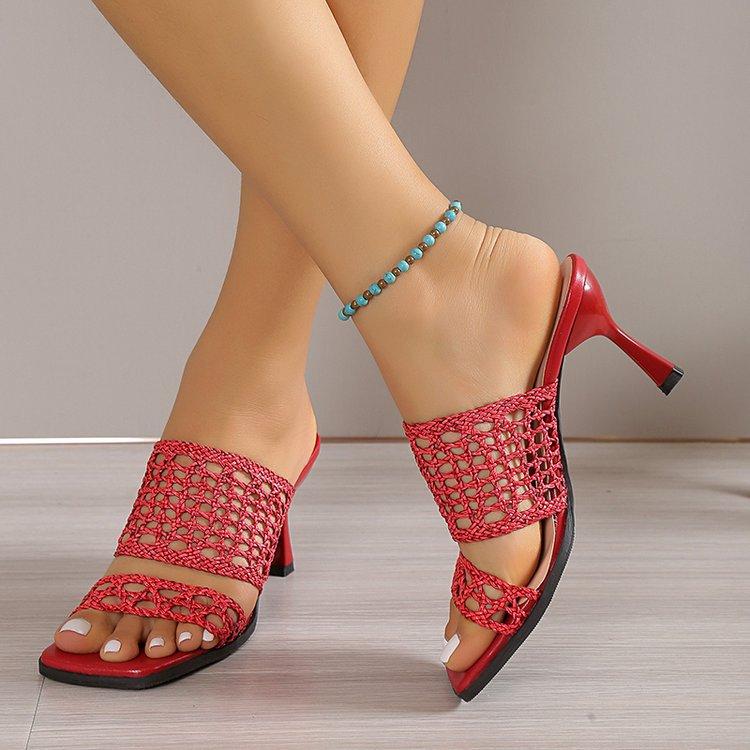 

Summer cool slippers women wear simple hollow square head one-word French high heels women s thin heels light and not tired feet 34 красный