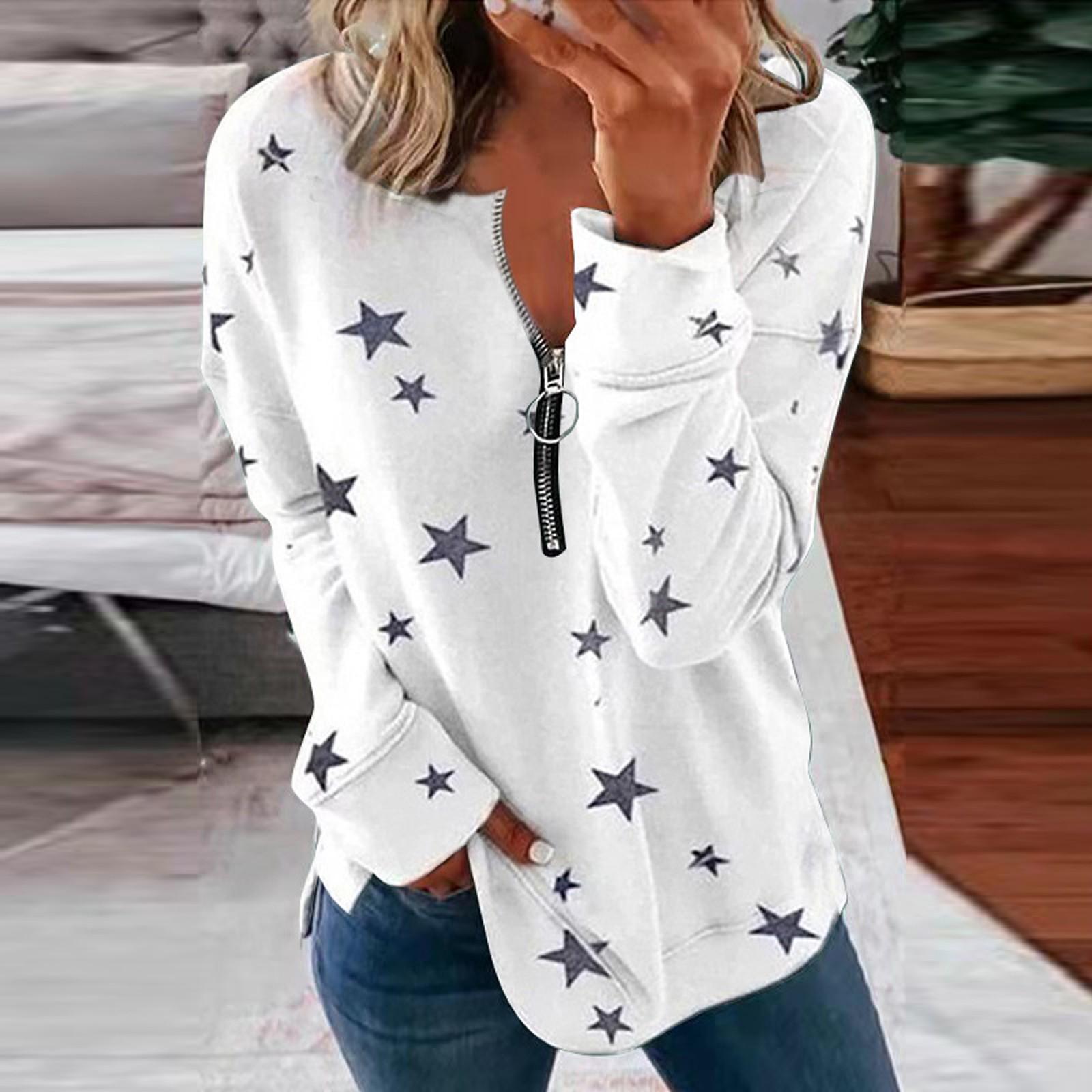 

Модный женский свободный пуловер на молнии с круглым вырезом и принтом звезды с длинным рукавом XL белый