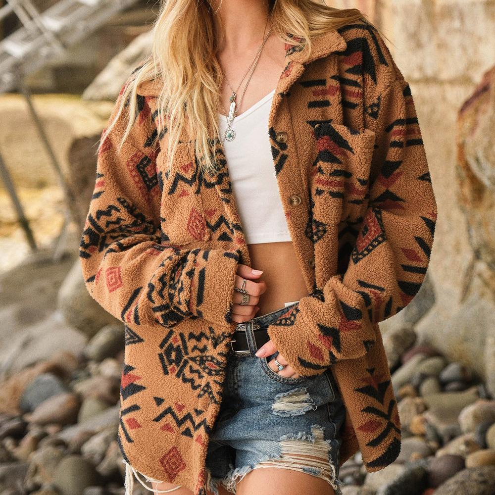 

Модная мужская флисовая пушистая женская куртка с этническим ацтекским геометрическим принтом, зимняя уличная одежда с высокой эластичностью, верхняя одежда XL верблюд