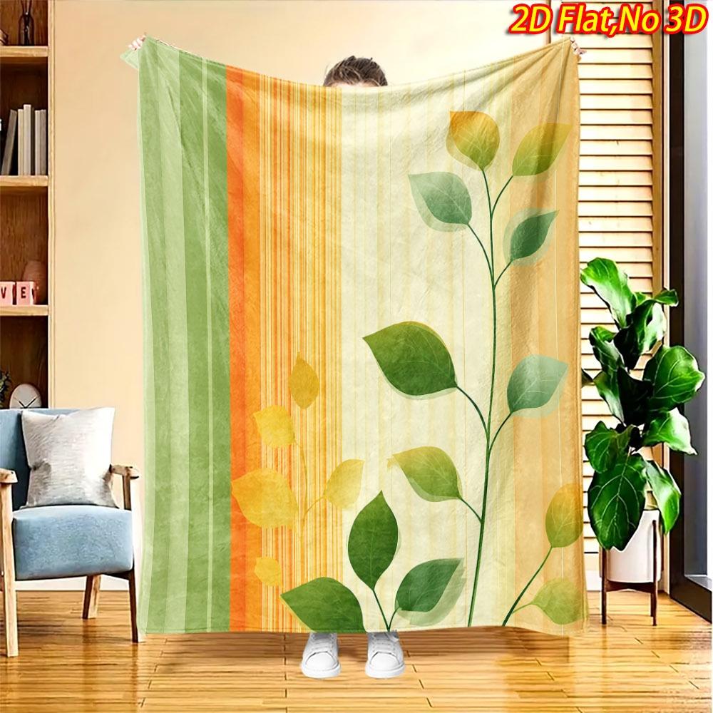 1pc Soft Flannel Blanket Suitable for All Seasons, Botanical Foliage Print Throw with Green Plant Stripe, 100% Polyester Bedspread for Couch, Bed, Sof